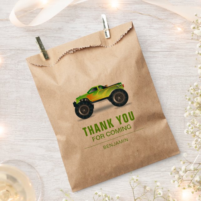 Green Monster Truck Kids Birthday Party Favour Bag (Clipped)