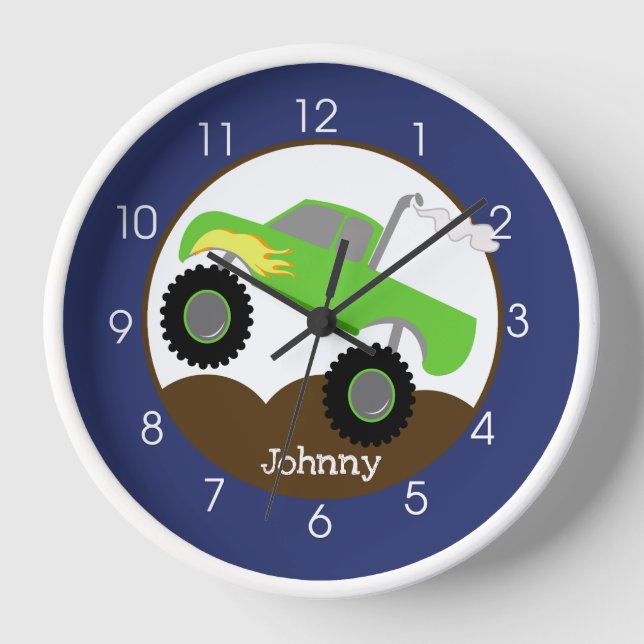 Green Monster Truck Navy Blue Border Kids Clock (Front)