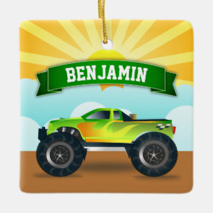 Green Monster Truck Personalized Name Kids Room Ceramic Ornament