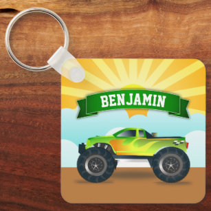 Green Monster Truck Personalized Name Kids Room Keychain