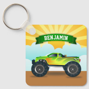 Green Monster Truck Personalized Name Kids Room Keychain