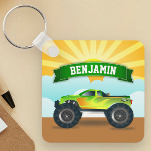 Green Monster Truck Personalized Name Kids Room Keychain
