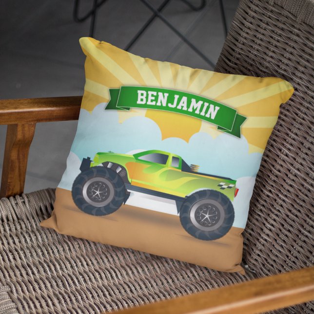 Green Monster Truck Personalized Name Kids Room Throw Pillow (Creator Uploaded)