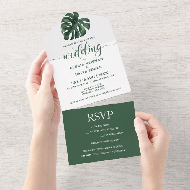 Green Monstera Leaf All in One Wedding Invitation (Déchirure)