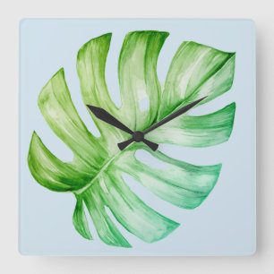 Green  Monstera Leaf Botanical Tropical Blue Square Wall Clock