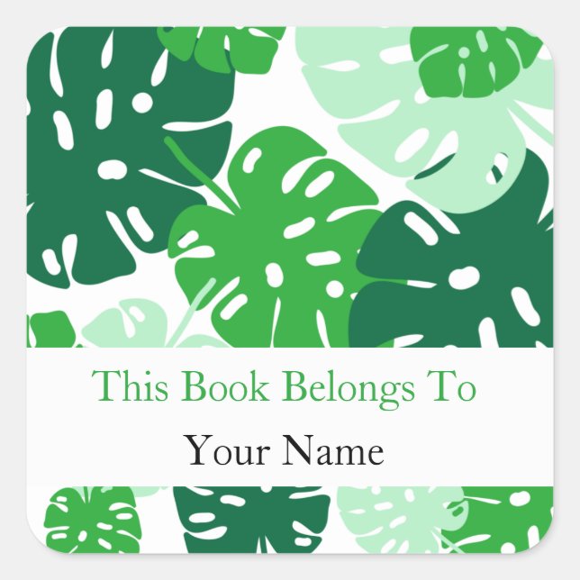 Green Monstera Leaf Pattern Bookplate Square Sticker (Front)