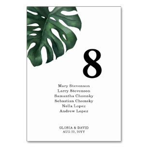 Green Monstera Leaf Wedding Table Number