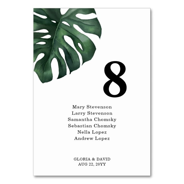 Green Monstera Leaf  Wedding Table Number (Front)