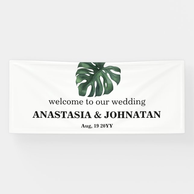 Green Monstera Leaf Wedding Welcome Banner (Horizontal)
