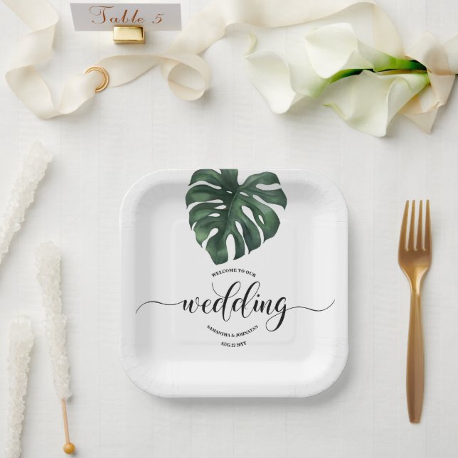 Green Monstera Leaf  Wedding  welcome Paper Plate (Wedding)