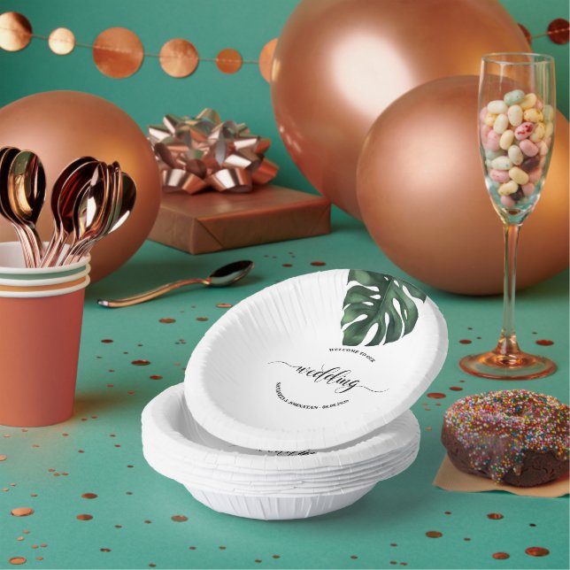 Green Monstera Leaf  Wedding  welcome  Paper Plate (Multi)