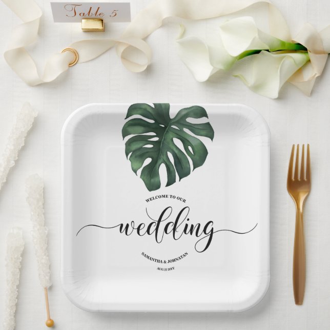 Green Monstera Leaf  Wedding  welcome Paper Plates (Wedding)