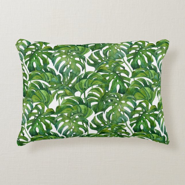 Green Monstera Leaves Tropical Seamless Accent Pillow (Front)