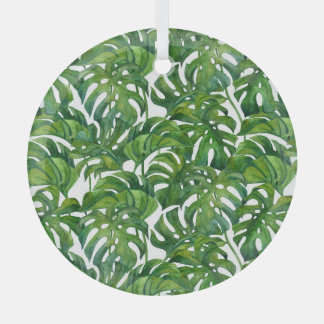Green Monstera Leaves Tropical Seamless Glass Ornament