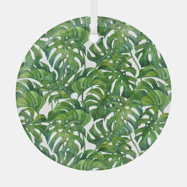 Green Monstera Leaves Tropical Seamless Glass Ornament (Front)