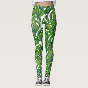 Green Monstera Leaves Tropical Seamless Leggings