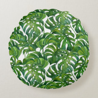 Green Monstera Leaves Tropical Seamless Round Pillow