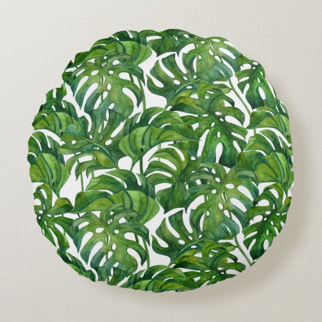 Green Monstera Leaves Tropical Seamless Round Pillow (Front)