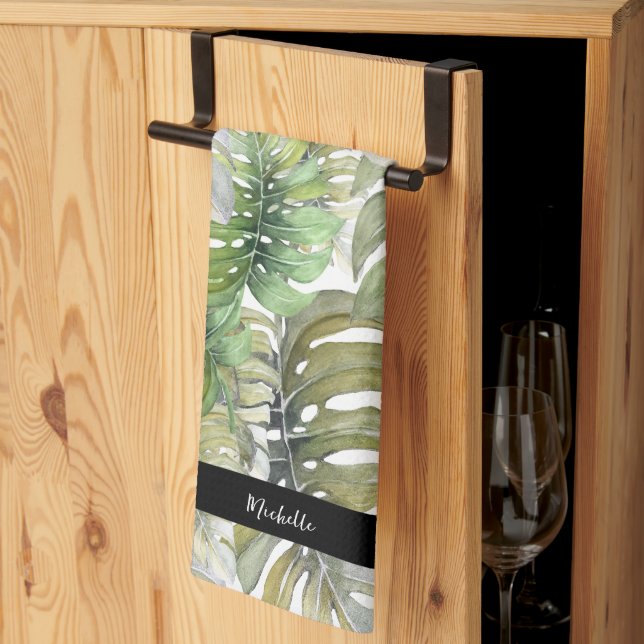 Green Monstera Palm Chef Monogrammed Kitchen Towel (Thirds Fold)