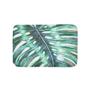 Green monstera palm leaf modern tropical bath mat