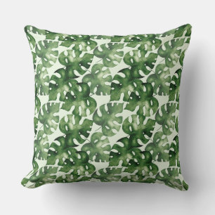 Green monstera tropical leaf throw pillow