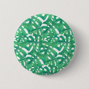 Green monstera tropical leaves pattern on white b 2 inch round button
