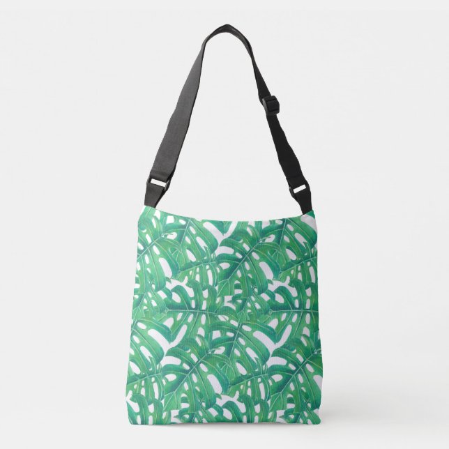 Green monstera tropical leaves pattern  on white b crossbody bag (Front)