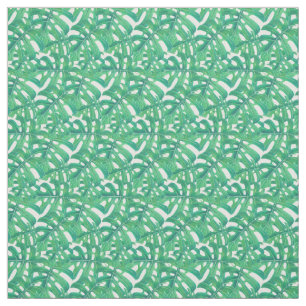 Green monstera tropical leaves pattern  on white b fabric
