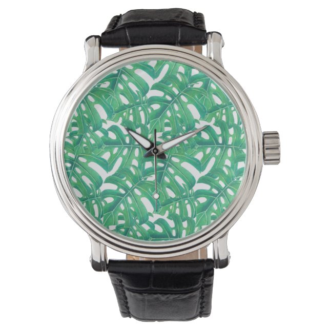 Green monstera tropical leaves pattern  on white b watch (Front)