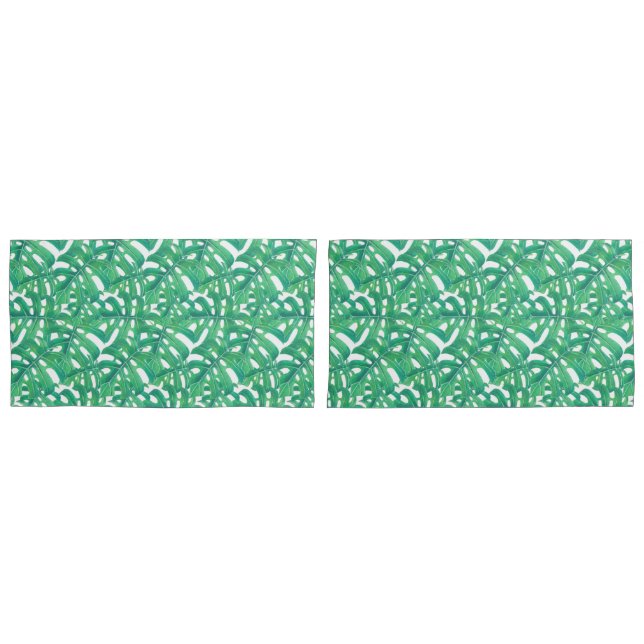 Green monstera tropical leaves pattern pillowcase (Front-Set)
