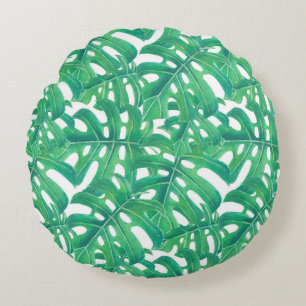 Green monstera tropical leaves pattern round pillow