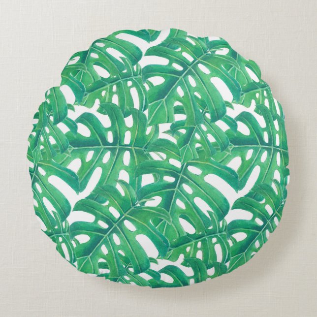 Green monstera tropical leaves pattern round pillow (Front)