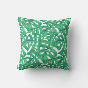 Green monstera tropical leaves pattern throw pillow