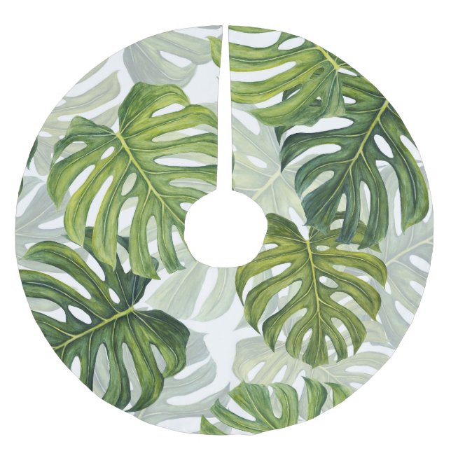 Green Monstera Tropical Watercolor Brushed Polyester Tree Skirt (Front)
