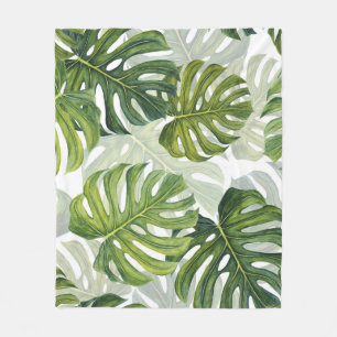 Green Monstera Tropical Watercolor Fleece Blanket
