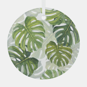 Green Monstera Tropical Watercolor Glass Ornament