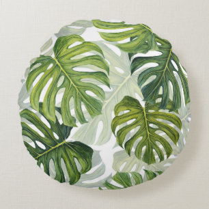 Green Monstera Tropical Watercolor Round Pillow