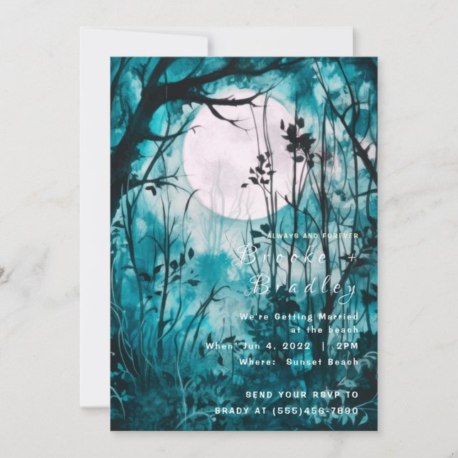 Green Moonlit Forest Wedding Invitation (Front)