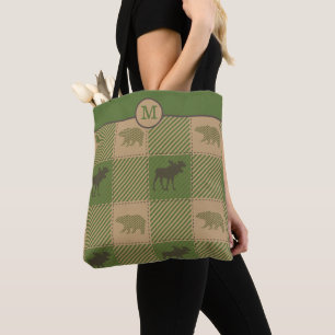 Green Moose Bear Pattern Monogram Tote Bag