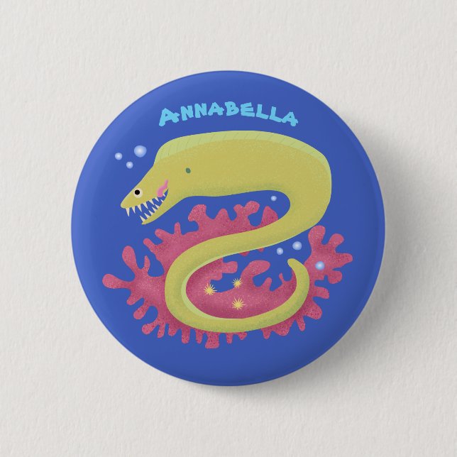 Green moray eel funny cartoon illustration 2 inch round button (Front)