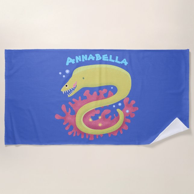 Green moray eel funny cartoon illustration beach towel (Front)