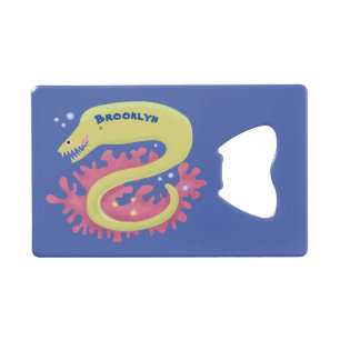 Green moray eel funny cartoon illustration credit card bottle opener