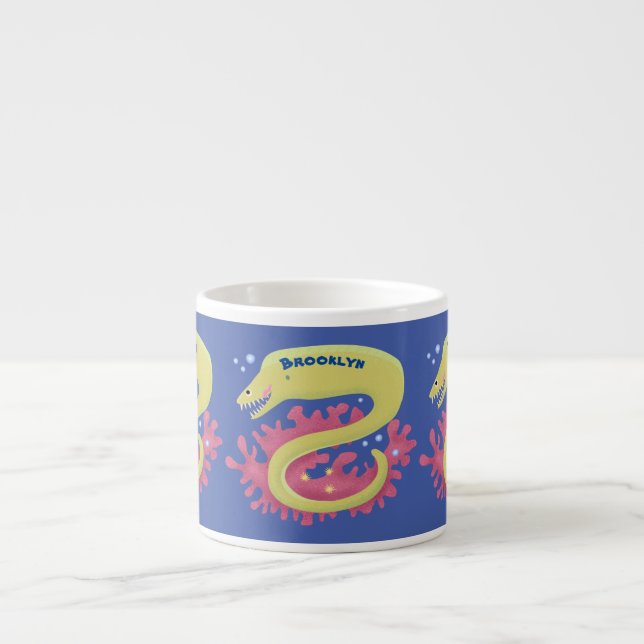 Green moray eel funny cartoon illustration espresso cup (Front)