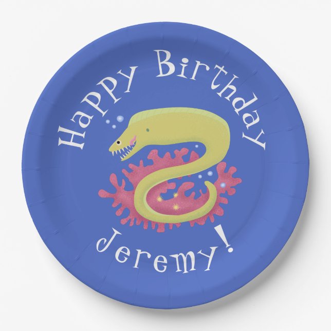 Green moray eel funny cartoon illustration paper plate (Front)