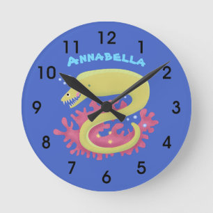 Green moray eel funny cartoon illustration round clock