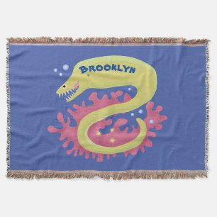 Green moray eel funny cartoon illustration throw blanket