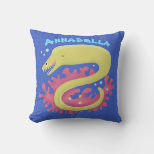 Green moray eel funny cartoon illustration throw pillow