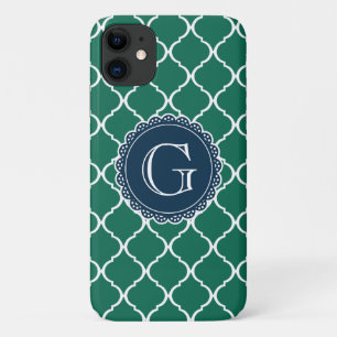 Green Moroccan Lattice Pattern Navy Monogram iPhone 11 Case
