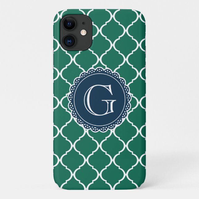 Green Moroccan Lattice Pattern Navy Monogram Case-Mate iPhone Case (Back)
