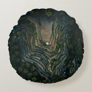 Green moss on black rock round pillow
